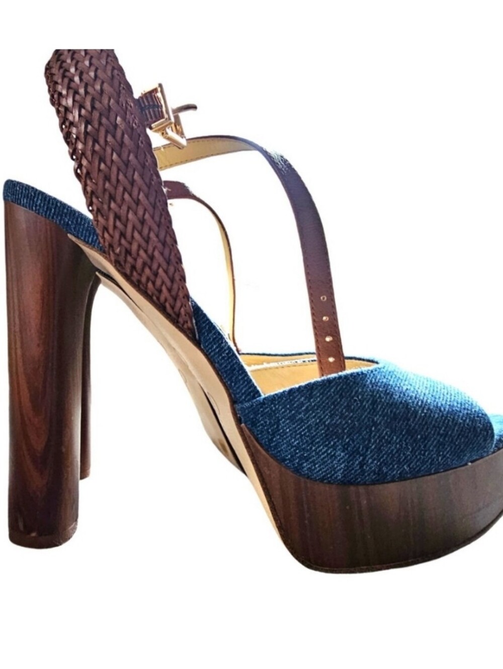Blue Denim & Brown Platform Ankle Strap High Heels Size 8